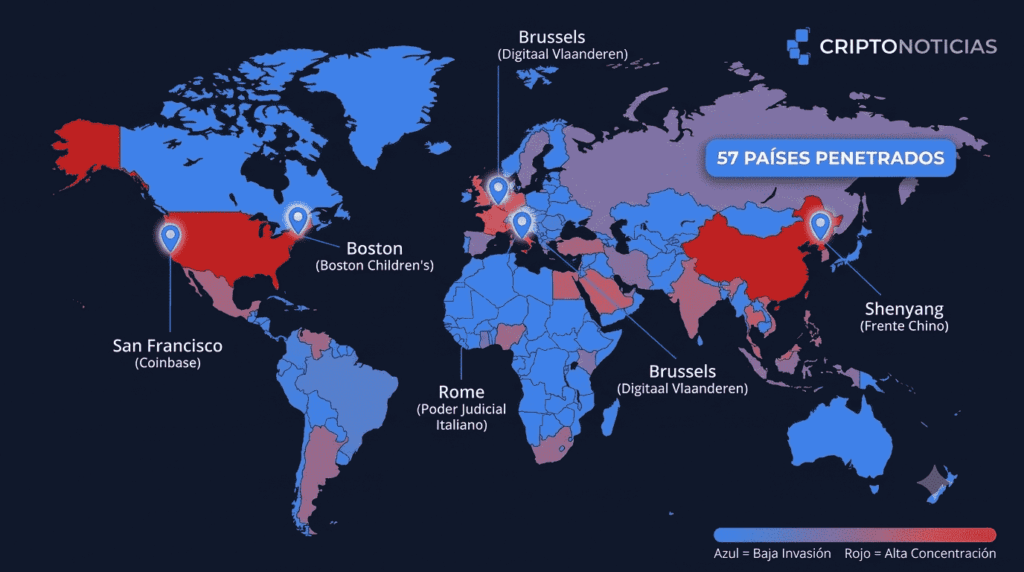 Mapa coroplético mundial con fondo oscuro. Los países con mayor número de empresas infectadas por Corea del Norte (Estados Unidos, China, Bélgica e Italia) aparecen en rojo intenso, mientras que el resto de países afectados van degradando al azul institucional. Cinco puntos luminosos azules con anillos blancos marcan las ciudades de Boston, San Francisco, Roma, Bruselas y Shenyang. Sobre Corea del Norte, una etiqueta rectangular azul con texto blanco en negrita indica '57 PAÍSES PENETRADOS'. El logo de CriptoNoticias está en la esquina superior derecha.