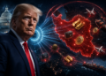 Imagen de Trump con el mapa de Irán, criptomonedas y lingotes de oro