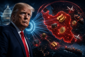 Imagen de Trump con el mapa de Irán, criptomonedas y lingotes de oro