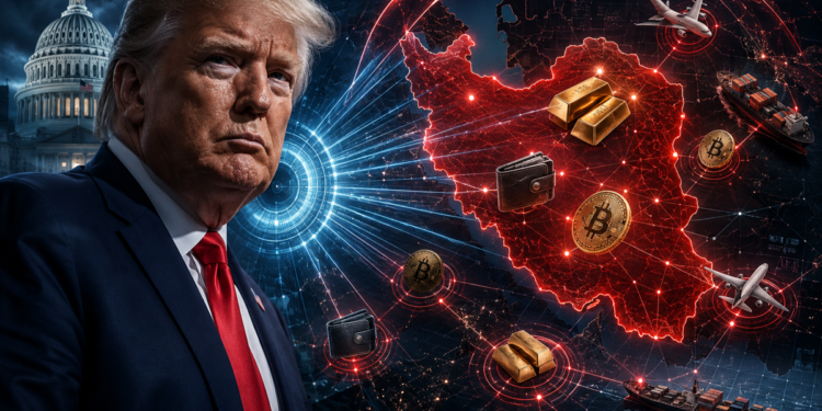 Imagen de Trump con el mapa de Irán, criptomonedas y lingotes de oro