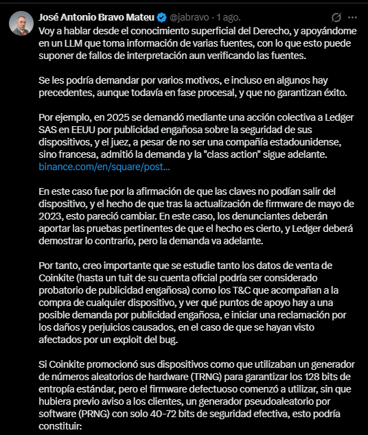 Captura de pantalla en modo oscuro de una publicación en X (Twitter) emitida por José Antonio Bravo Mateu (@jabravo). El texto analiza la viabilidad jurídica de una demanda contra Coinkite por el fallo de entropía en Coldcard, citando como precedente la demanda colectiva a Ledger SAS por publicidad engañosa y detallando cómo la vulnerabilidad de software podría constituir un incumplimiento de la diligencia profesional.