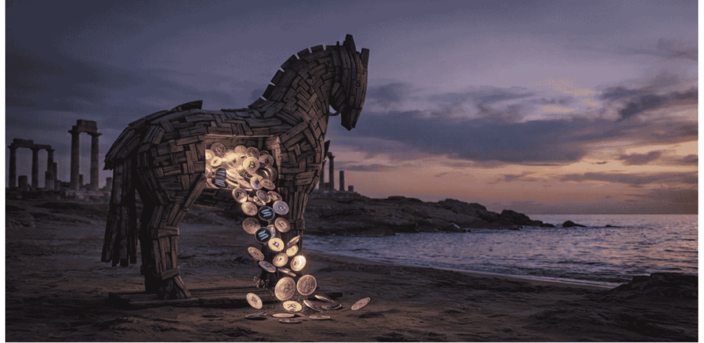 Caballo de Troya lleno de criptomonedas.