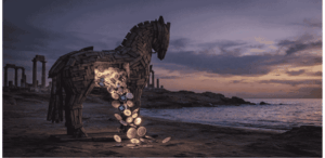 Caballo de Troya lleno de criptomonedas.