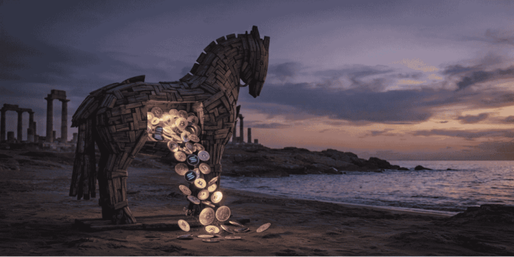 Caballo de Troya lleno de criptomonedas.