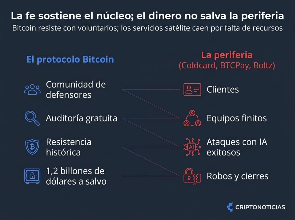 Infografía comparativa. Izquierda: protocolo Bitcoin con comunidad de defensores, auditoría gratuita y 1,2 billones de dólares a salvo (azul). Derecha: periferia con clientes, equipos finitos y ataques con IA exitosos (rojo). Título: "La fe sostiene el núcleo; el dinero no salva la periferia".