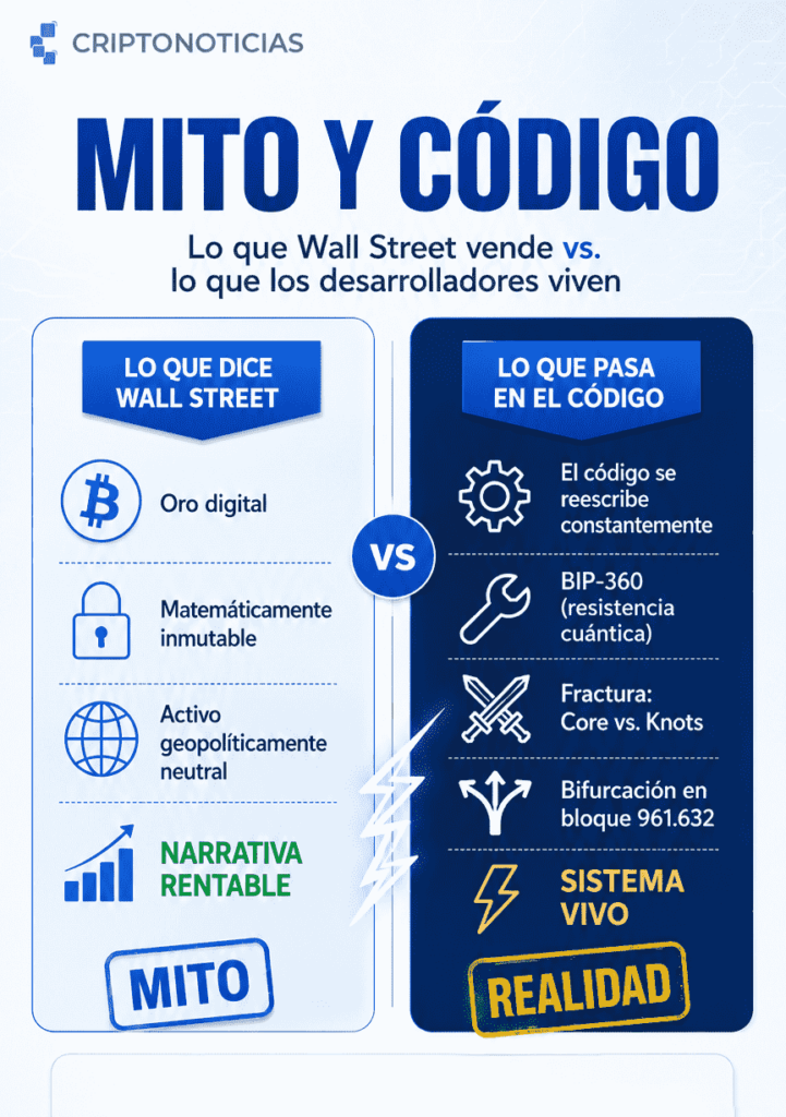 Infografía dividida en dos columnas titulada "Mito y código". Columna izquierda: "Lo que dice Wall Street" con los conceptos "oro digital", "matemáticamente inmutable" y "activo geopolíticamente neutral". Columna derecha: "Lo que pasa en el código" con "el código se reescribe", "BIP-360 (resistencia cuántica)", "fractura Core vs Knots" y "bifurcación en bloque 961.632". En la parte inferior: "Narrativa rentable" vs "Sistema vivo".