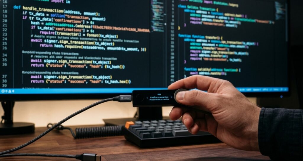 Una wallet de Ledger con un monitor al fondo que muestra lenguaje de programación