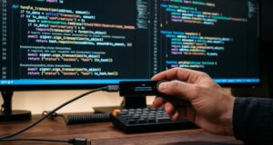 Una wallet de Ledger con un monitor al fondo que muestra lenguaje de programación