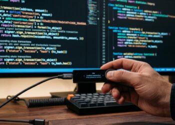 Una wallet de Ledger con un monitor al fondo que muestra lenguaje de programación