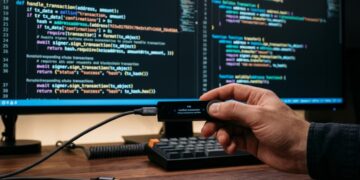 Una wallet de Ledger con un monitor al fondo que muestra lenguaje de programación