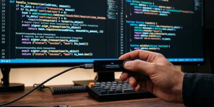Una wallet de Ledger con un monitor al fondo que muestra lenguaje de programación