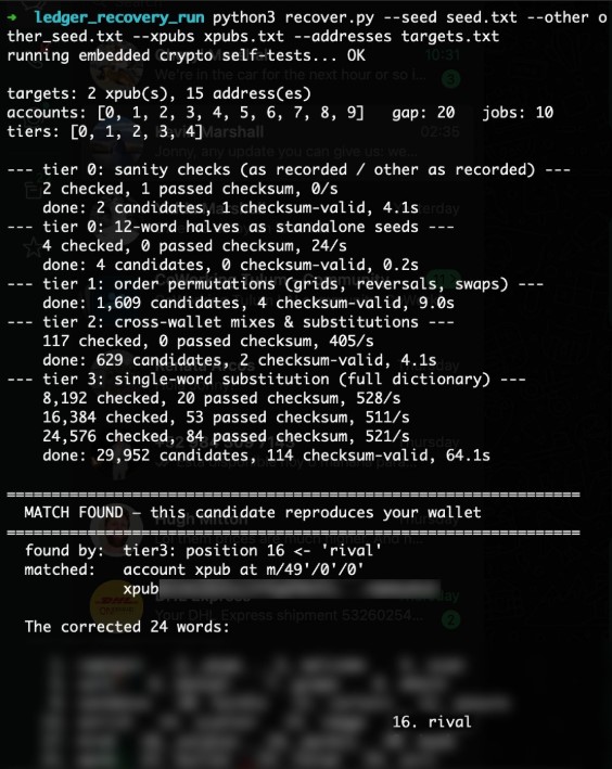 Resultado de la recuperación de frase semilla de Bitcoin con Kimi K3