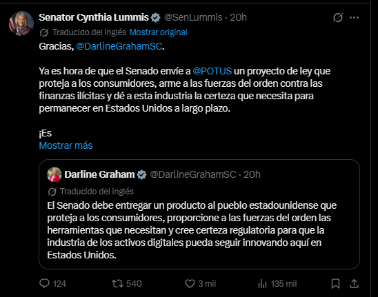 Captura de pantalla de un mensaje en la red social X publicado por la senadora estadounidense Cynthia Lummis. En la publicación, cita a Darline Graham y asegura que es momento de que el Senado envíe al presidente un proyecto de ley que proteja a los consumidores, proporcione herramientas contra las finanzas ilícitas y otorgue certeza regulatoria a la industria de activos digitales para permanecer en Estados Unidos.