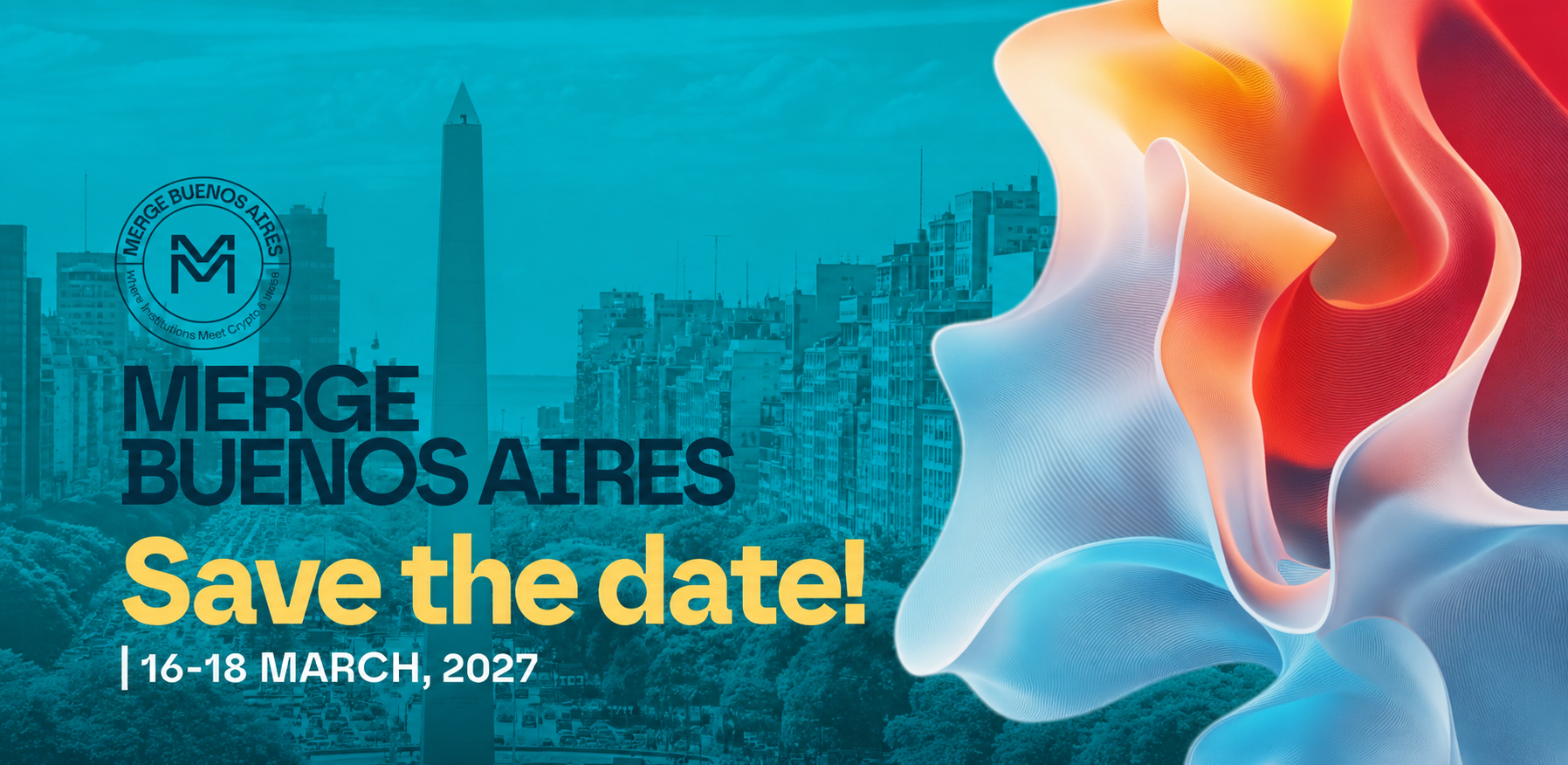 MERGE Buenos Aires 2027 anuncia el evento con paisaje urbano y diseño abstracto colorido.