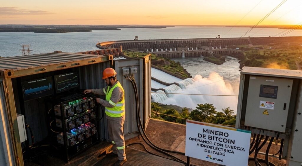 Un operador de una granja minera de Bitcoin frente a la represa de Itaipú