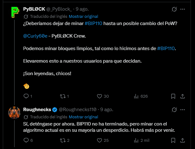 Conversación entre equipos de minería de Bitcoin en X.