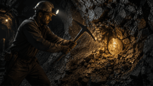 Un minero de Bitcoin picando una pared de una cueva para encontrar una moneda de BTC.