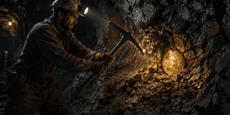 Un minero de Bitcoin picando una pared de una cueva para encontrar una moneda de BTC.