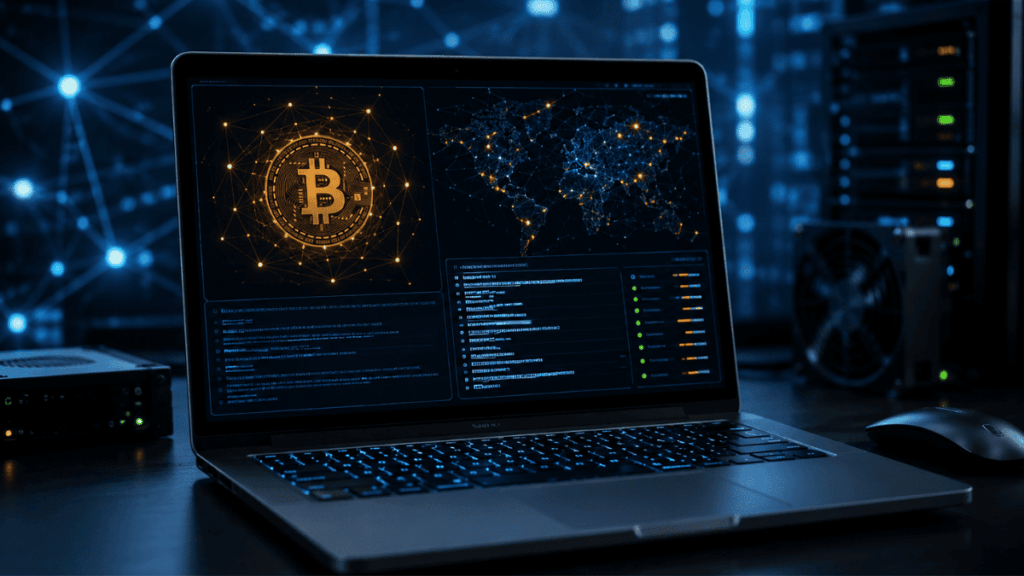 Una notebook corriendo un nodo de Bitcoin.