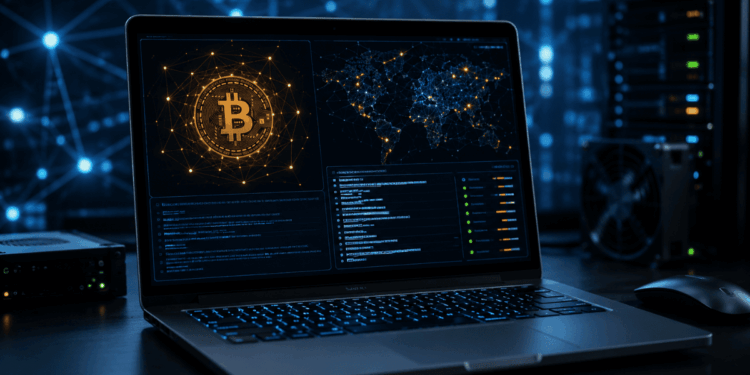 Una notebook corriendo un nodo de Bitcoin.