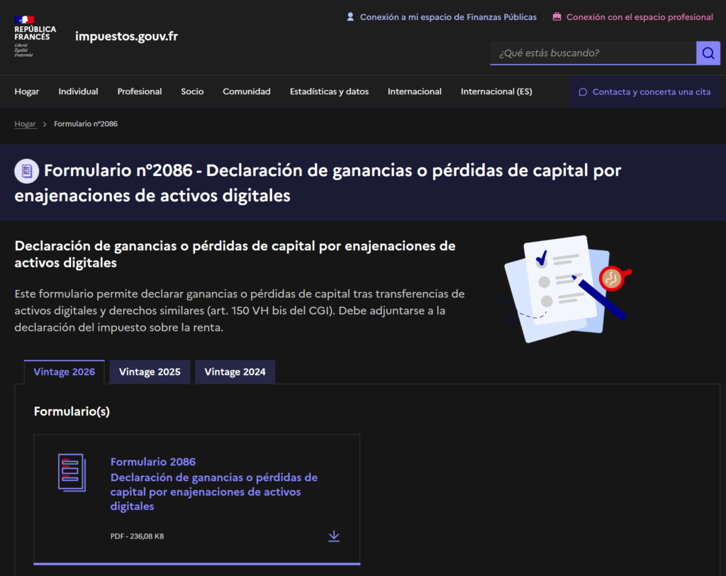 Captura de pantalla de la plataforma de pagos para las tributaciones francesas.