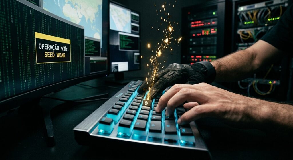 Una toma media de un hacker con guantes negros tácticos y manos desnudas mientras manipula un teclado mecánico retroiluminado en un entorno de ciberseguridad oscuro, lo que provoca que un monitor de computadora con una ráfaga de chispas naranjas para simular un ataque exitoso. El hacker está sentado frente a un escritorio de computadora con múltiples monitores y un servidor en segundo plano.