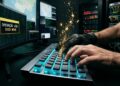 Una toma media de un hacker con guantes negros tácticos y manos desnudas mientras manipula un teclado mecánico retroiluminado en un entorno de ciberseguridad oscuro, lo que provoca que un monitor de computadora con una ráfaga de chispas naranjas para simular un ataque exitoso. El hacker está sentado frente a un escritorio de computadora con múltiples monitores y un servidor en segundo plano.