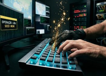 Una toma media de un hacker con guantes negros tácticos y manos desnudas mientras manipula un teclado mecánico retroiluminado en un entorno de ciberseguridad oscuro, lo que provoca que un monitor de computadora con una ráfaga de chispas naranjas para simular un ataque exitoso. El hacker está sentado frente a un escritorio de computadora con múltiples monitores y un servidor en segundo plano.
