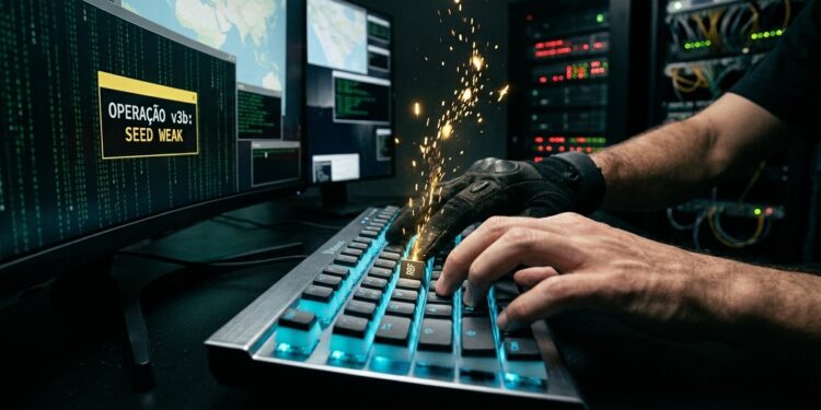 Una toma media de un hacker con guantes negros tácticos y manos desnudas mientras manipula un teclado mecánico retroiluminado en un entorno de ciberseguridad oscuro, lo que provoca que un monitor de computadora con una ráfaga de chispas naranjas para simular un ataque exitoso. El hacker está sentado frente a un escritorio de computadora con múltiples monitores y un servidor en segundo plano.