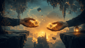 Dos personas intercambiando monedas de bitcoin.