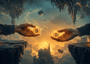 Dos personas intercambiando monedas de bitcoin.