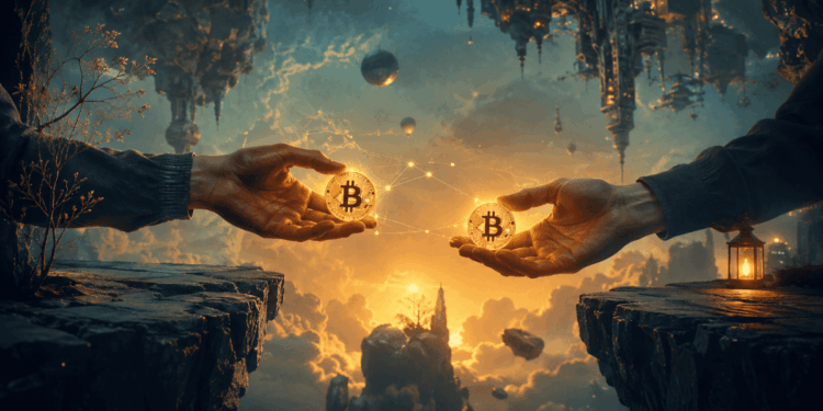 Dos personas intercambiando monedas de bitcoin.