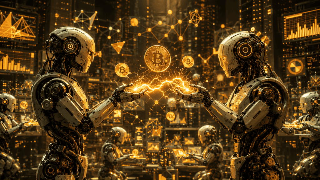 Robots de IA efectuando pagos con inteligencia artificial.