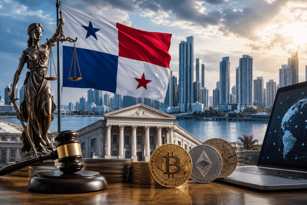Bandera de Panamá con la ciudad de fondo y monedas de bitcoin y criptomonedas
