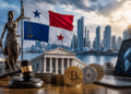 Bandera de Panamá con la ciudad de fondo y monedas de bitcoin y criptomonedas