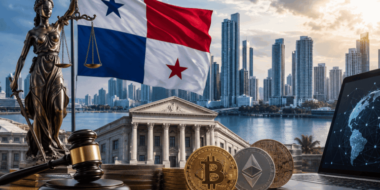 Bandera de Panamá con la ciudad de fondo y monedas de bitcoin y criptomonedas