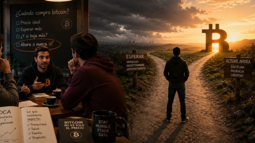 un paisaje con un camino. Un hombre parado de espaldas y al fondo el logo de bitcoin.