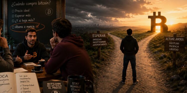 Aun lado un grupo conversando, luego un paisaje con un camino. Un hombre parado de espaldas y al fondo el logo de bitcoin.