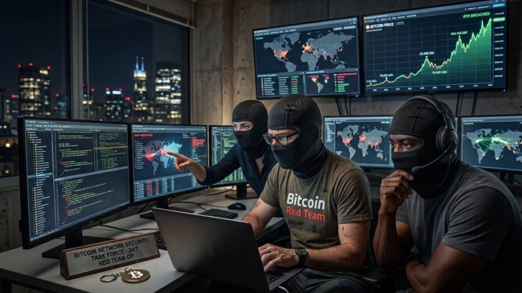 equipo de hackers frente a na computadora con muchos monitores y elementos sobre bitcoin