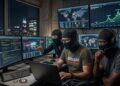 equipo de hackers frente a na computadora con muchos monitores y elementos sobre bitcoin