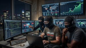 equipo de hackers frente a na computadora con muchos monitores y elementos sobre bitcoin