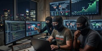 equipo de hackers frente a na computadora con muchos monitores y elementos sobre bitcoin