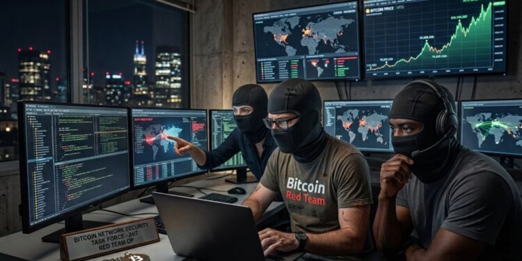 equipo de hackers frente a na computadora con muchos monitores y elementos sobre bitcoin