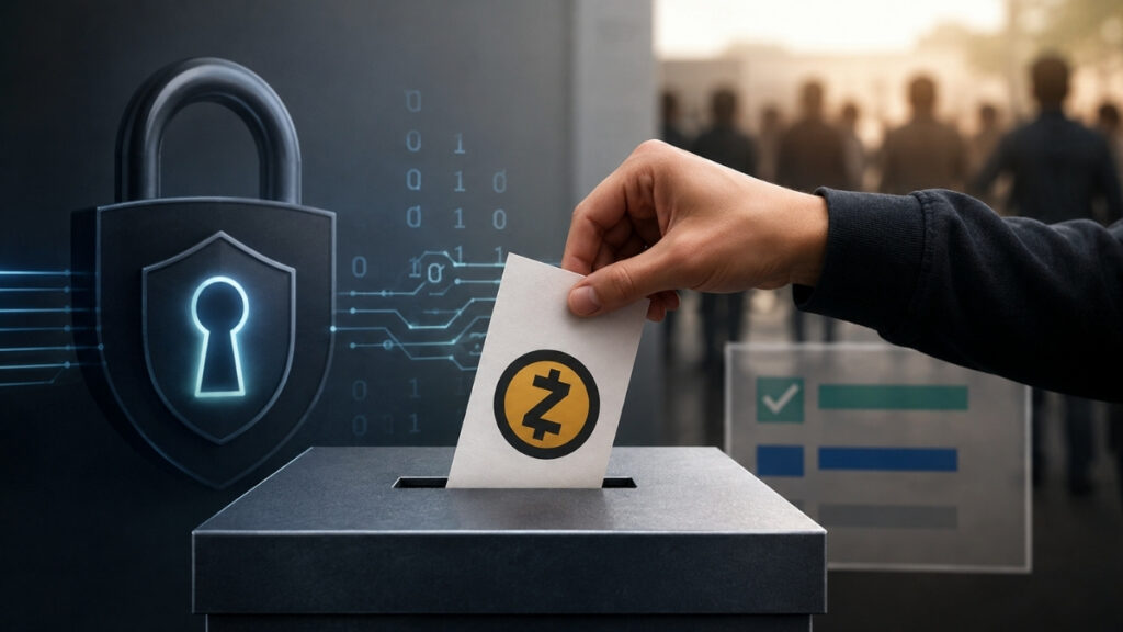 Una mano deposita una papeleta con el símbolo de Zcash en una urna, rodeada de elementos que representan privacidad, seguridad digital y una votación verificable.