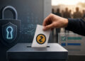 Una mano deposita una papeleta con el símbolo de Zcash en una urna, rodeada de elementos que representan privacidad, seguridad digital y una votación verificable.