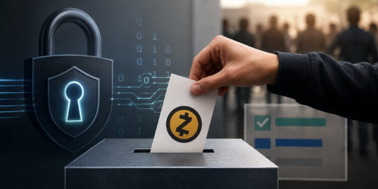 Una mano deposita una papeleta con el símbolo de Zcash en una urna, rodeada de elementos que representan privacidad, seguridad digital y una votación verificable.