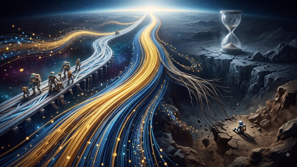 La imagen ilustra un paisaje digital dividido que representa dos destinos diametralmente opuestos. Por un lado, un cauce principal y estructurado fluye con fuerza hacia el horizonte, acompañado por un puente donde un grupo de figuras mecánicas avanza en equipo, simbolizando el respaldo, la planificación y el progreso continuo. Por el otro, un camino divergente se deshilacha rápidamente hasta caer en un abismo oscuro y rocoso. En este extremo inerte, una figura solitaria observa la caída junto a un reloj de arena monumental, capturando a la perfección el sentimiento de estancamiento, aislamiento y el fracaso de una ruta que se quedó sin energía ni apoyo en sus primeros pasos.
