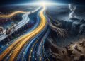 La imagen ilustra un paisaje digital dividido que representa dos destinos diametralmente opuestos. Por un lado, un cauce principal y estructurado fluye con fuerza hacia el horizonte, acompañado por un puente donde un grupo de figuras mecánicas avanza en equipo, simbolizando el respaldo, la planificación y el progreso continuo. Por el otro, un camino divergente se deshilacha rápidamente hasta caer en un abismo oscuro y rocoso. En este extremo inerte, una figura solitaria observa la caída junto a un reloj de arena monumental, capturando a la perfección el sentimiento de estancamiento, aislamiento y el fracaso de una ruta que se quedó sin energía ni apoyo en sus primeros pasos.