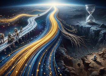 La imagen ilustra un paisaje digital dividido que representa dos destinos diametralmente opuestos. Por un lado, un cauce principal y estructurado fluye con fuerza hacia el horizonte, acompañado por un puente donde un grupo de figuras mecánicas avanza en equipo, simbolizando el respaldo, la planificación y el progreso continuo. Por el otro, un camino divergente se deshilacha rápidamente hasta caer en un abismo oscuro y rocoso. En este extremo inerte, una figura solitaria observa la caída junto a un reloj de arena monumental, capturando a la perfección el sentimiento de estancamiento, aislamiento y el fracaso de una ruta que se quedó sin energía ni apoyo en sus primeros pasos.