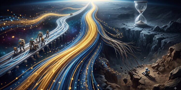 La imagen ilustra un paisaje digital dividido que representa dos destinos diametralmente opuestos. Por un lado, un cauce principal y estructurado fluye con fuerza hacia el horizonte, acompañado por un puente donde un grupo de figuras mecánicas avanza en equipo, simbolizando el respaldo, la planificación y el progreso continuo. Por el otro, un camino divergente se deshilacha rápidamente hasta caer en un abismo oscuro y rocoso. En este extremo inerte, una figura solitaria observa la caída junto a un reloj de arena monumental, capturando a la perfección el sentimiento de estancamiento, aislamiento y el fracaso de una ruta que se quedó sin energía ni apoyo en sus primeros pasos.